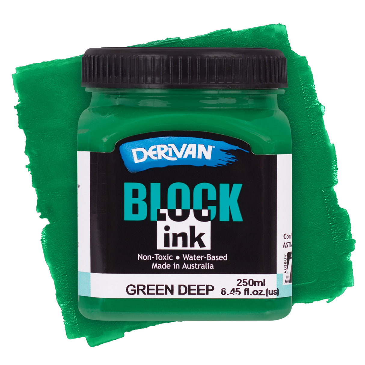 Derivan Block Ink in Green Deep. A deep green plastic jar with a black lid sits against a vivid green paint swatch background. The black label features the Derivan logo, "BLOCK ink" in teal and white, and "Non-Toxic • Water-Based • Made in Australia." Labelled Green Deep, 250ml.