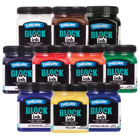 Set of Derivan Block Ink jars arranged in rows on a white background. Labels read “DERIVAN BLOCK ink”, “Non-Toxic • Water-Based • Made in Australia”. Visible colour names on jars include “ULTRA BLUE”, “YELLOW”, and “PHTHALO BLUE”, with multiple other coloured inks shown in black-lidded 250ml jars.