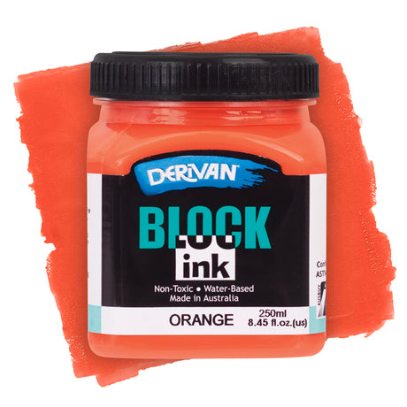 Derivan Block Ink in Orange. A bright orange-red plastic jar with a black lid sits against a vivid orange paint swatch background. The black label features the Derivan logo, "BLOCK ink" in teal and white, and "Non-Toxic • Water-Based • Made in Australia." Labelled Orange, 250ml.