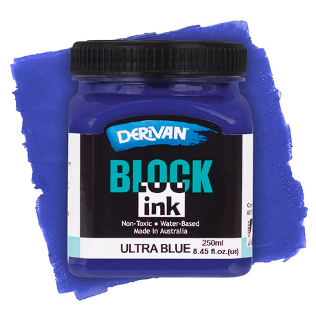Derivan Block Ink in Ultra Blue. A deep blue plastic jar with a black lid sits against a bold ultramarine blue paint swatch background. The black label features the Derivan logo, "BLOCK ink" in teal and white, and "Non-Toxic • Water-Based • Made in Australia." Labelled Ultra Blue, 250ml.
