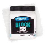 Derivan Block Ink in White. A white plastic jar with a black lid sits against a pale white paint swatch background. The black label features the Derivan logo, "BLOCK ink" in teal and white, and "Non-Toxic • Water-Based • Made in Australia." Labelled White, 250ml.