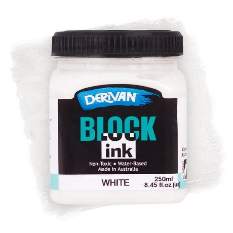 Derivan Block Ink in White. A white plastic jar with a black lid sits against a pale white paint swatch background. The black label features the Derivan logo, "BLOCK ink" in teal and white, and "Non-Toxic • Water-Based • Made in Australia." Labelled White, 250ml.