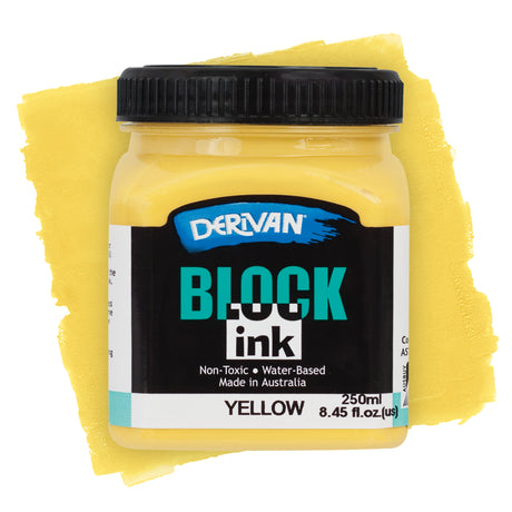 Derivan Block Ink in Yellow. A clear plastic jar with a black lid sits against a bold yellow paint swatch background. The black label features the Derivan logo in blue, "BLOCK ink" in teal and white, and text reading "Non-Toxic • Water-Based • Made in Australia." Labelled Yellow, 250ml.