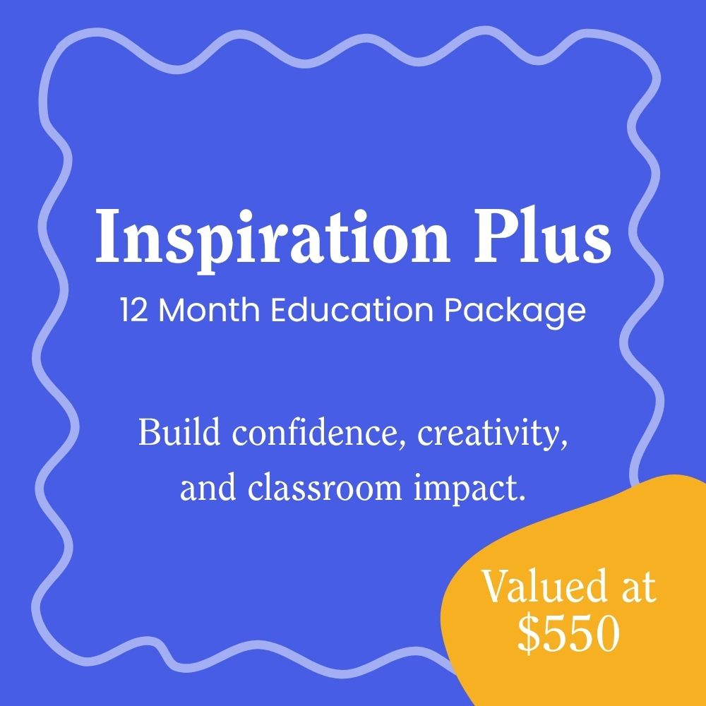 Inspiration Plus 12 Month Education Package promotional graphic on vibrant blue background with wavy white border. White text reads "Build confidence, creativity, and classroom impact." Yellow circular badge in bottom right corner displays "Valued at $550" in white text.