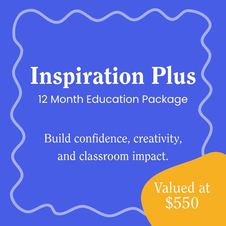 Inspiration Plus 12 Month Education Package promotional graphic on vibrant blue background with wavy white border. White text reads "Build confidence, creativity, and classroom impact." Yellow circular badge in bottom right corner displays "Valued at $550" in white text.