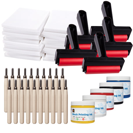 Block printing kit components arranged on white background. Includes stacked white carving blocks, multiple black-handled rollers with red rubber cylinders, rows of wooden-handled carving tools, and ink tubs. Visible label reads “Block Printing Ink”. Set demonstrates tools and materials for classroom printmaking activities and experimentation.
