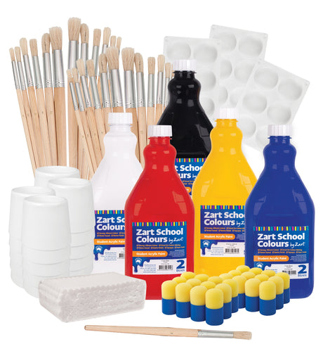 School Painting Starter Kit featuring natural bristle brushes, white paint pots, white palette trays with by Zart branding, and five 2-litre bottles of Zart School Colours Student Acrylic Paint in white, red, black, yellow, and blue.