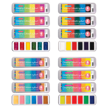 Creamy Colours by Zart Primecolours, sixteen tins arranged in a grid of four variants: Glitter, Essentials, Macaron and Fluorescent. Three closed tins of each sit above one open tin, revealing six rectangular paint pans per set in that variant's distinct colour palette.