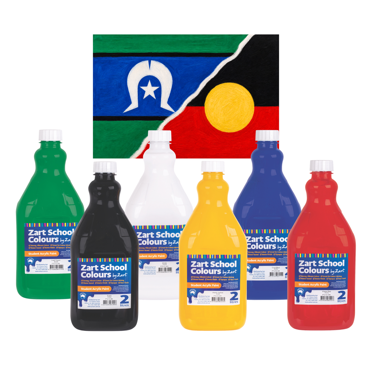 Zart School Colours Acrylic Paint 2L Kit – Aboriginal & Torres Strait Islander Flag Colours (Pack of 6)