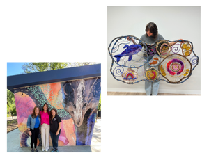 Collage of artworks and mural by artist Kirli Saunders, including a woven piece and three people standing beside a large painted outdoor mural. From Zart Education Live Online with Kirli Saunders – images provided by Lilli Paton on behalf of the artist.