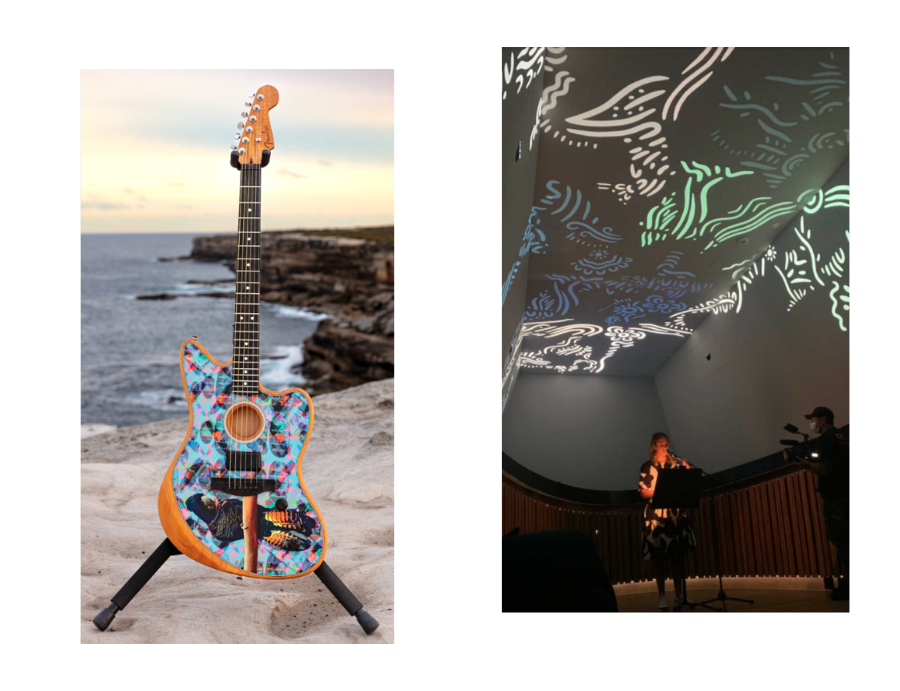 Decorated acoustic guitar photographed on a coastal cliff and a performance space with projected illustrated patterns across walls and ceiling. From Zart Education Live Online with Kirli Saunders – images provided by Lilli Paton on behalf of the artist, Kirli Saunders