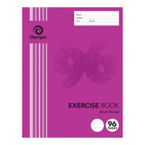 Olympic Exercise Book in vibrant magenta featuring the Olympic spiral logo and decorative halftone butterfly design. Cover displays vertical pink stripes and white label fields for Name, Subject, Year, and School. Text reads EXERCISE BOOK 8mm Ruled with 96 PAGES icon showing ruled lines.