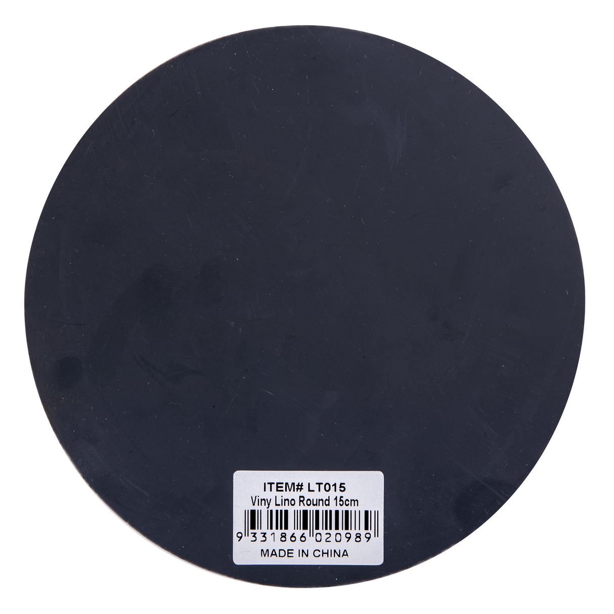 Back view of a Mastercut Print Lino Round block on a white background with product label attached. The dark grey circular lino surface appears smooth, flat and uncarved. Clean round format clearly shows the full size and thickness of the lino block.