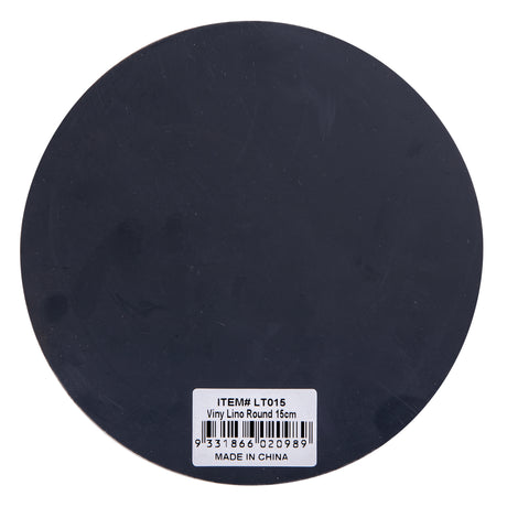 Back view of a Mastercut Print Lino Round block on a white background with product label attached. The dark grey circular lino surface appears smooth, flat and uncarved. Clean round format clearly shows the full size and thickness of the lino block.