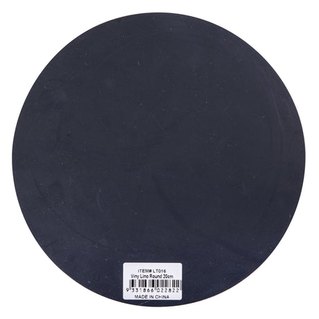 Back view of a Mastercut Print Lino Round block on a white background with product label attached. The dark grey circular lino surface appears smooth, flat and uncarved. Clean round format clearly shows the full size and thickness of the lino block.