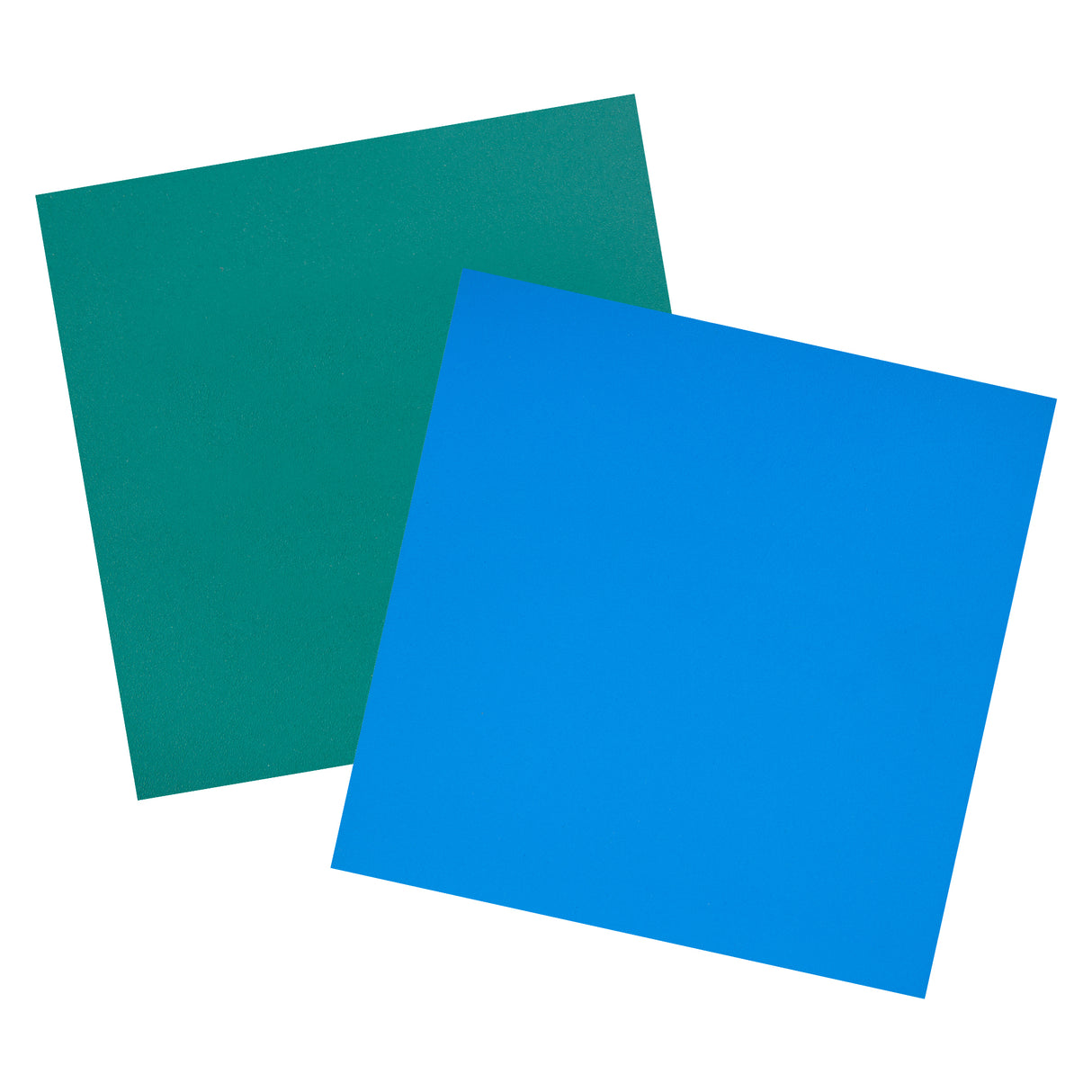 Two Velvet Print Lino Tiles shown overlapping on a white background, one green and one blue, displaying the smooth carving surface and colour options available in the double-sided lino format.