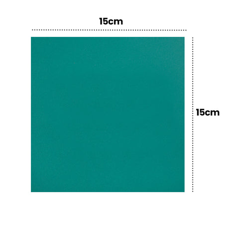 Square teal velvet print double-sided lino tile displayed flat against a white background. Dotted measurement lines indicate dimensions, with text reading "15cm" shown along the top and right side, demonstrating the 15 x 15cm size of the printing surface.