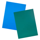 Two larger Velvet Print Lino Tiles shown overlapping on a white background, one blue and one green, highlighting the smooth carving surface and double-sided colour options in a medium format suitable for detailed printmaking projects.