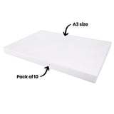 Single white print foam sheet with annotated text “A3 size” and “Pack of 10”, with arrows pointing to the foam. The product is photographed on a plain white background, highlighting its larger format and thickness for printmaking use.