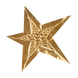 A close-up of a gold Aluminium Embossing Foil Sheet cut into a star shape shows raised embossed lines and patterns. The reflective surface reveals fine scratches and tool marks, with crisp edges and dimensional ridges catching light across the metallic texture.