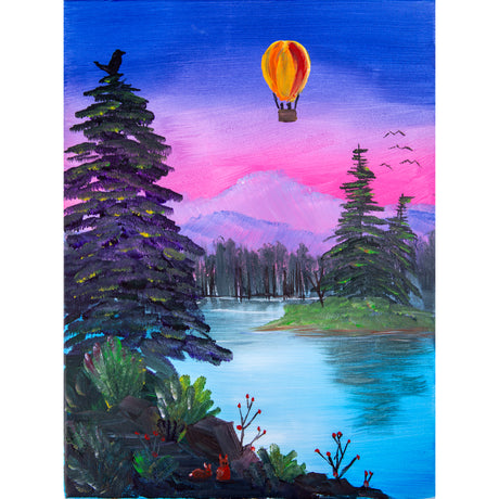 Colourful acrylic painting depicting a serene mountain landscape with dark evergreen trees framing a blue lake, vibrant pink and purple sunset sky, distant purple mountains, a bright orange and yellow hot air balloon floating above, and a crow perched on a tree branch.