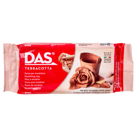 DAS Modelling Clay in Terracotta, shown in its red plastic pack with pink-toned clay visible at both open ends. Hands and modelled rose and vase images appear on the front panel.