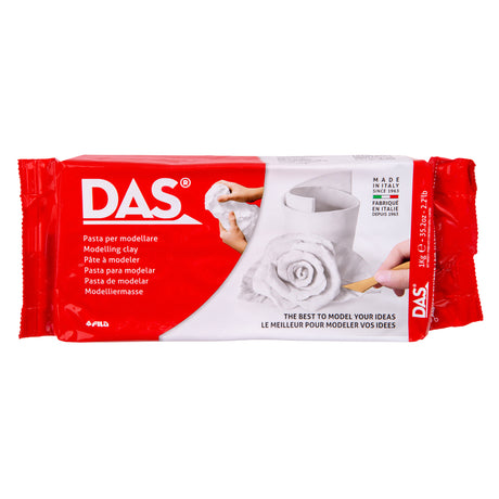 DAS Modelling Clay in White, shown in its red plastic pack with white clay visible at both open ends. Hands and modelled rose and vase images appear on the front panel.