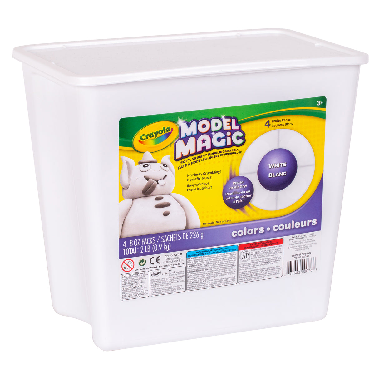 White plastic storage tub of Crayola Model Magic with fitted lid, featuring a bright green and yellow label with Crayola Model Magic branding and a playful character illustration, set against a clean white background, emphasising the smooth plastic surface and compact, classroom-friendly packaging design.