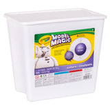 White plastic storage tub of Crayola Model Magic with fitted lid, featuring a bright green and yellow label with Crayola Model Magic branding and a playful character illustration, set against a clean white background, emphasising the smooth plastic surface and compact, classroom-friendly packaging design.