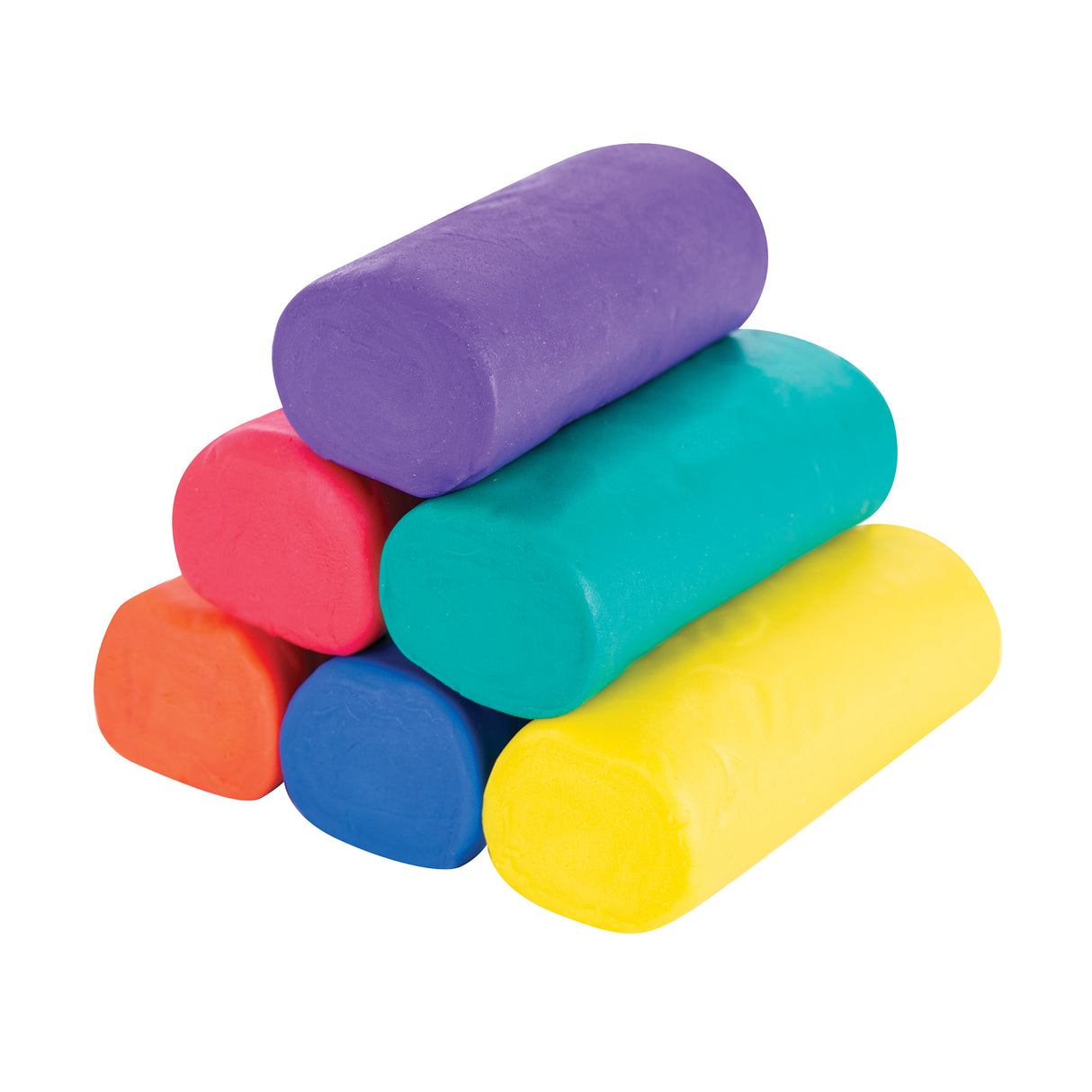 Zart Claydough logs stacked in Basic palette colours including Purple, Red, Teal, Orange, Blue and Yellow. Smooth cylindrical forms with rounded edges. Surface shows soft, slightly matte texture with minor handling marks.
