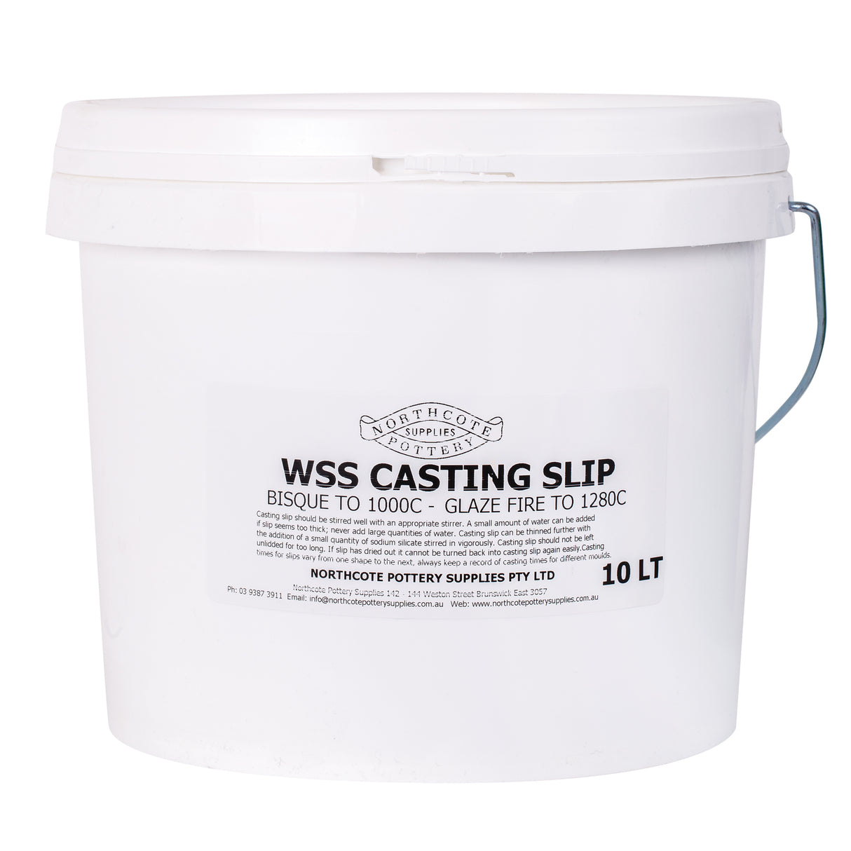 White bucket labeled 'WSS Casting Slip' with text on a white background