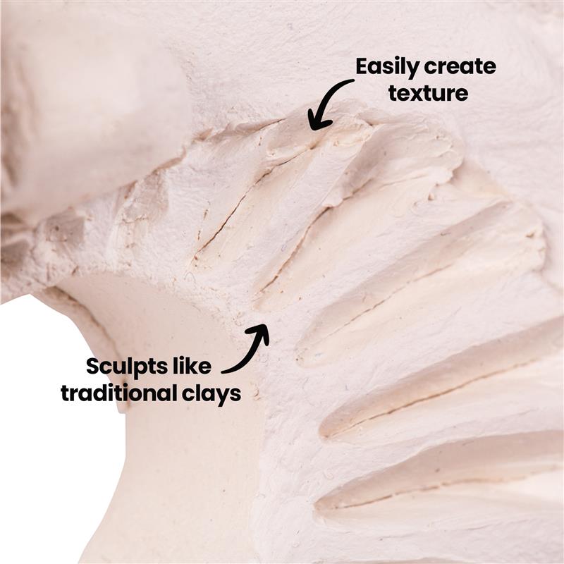 Close-up of clay surface with carved marks and ridges, showing texture detail with on-image text reading “Easy to create texture” and “Sculpts like traditional clay”.
