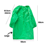 A green Zart smock shown flat with annotated measurements: 88cm total length, 50cm width and a 61.5cm sleeve length, labelled "Large". The elasticated neckline gathers into folds, with long sleeves ending in elasticated cuffs and a curved, uneven hemline at the front.