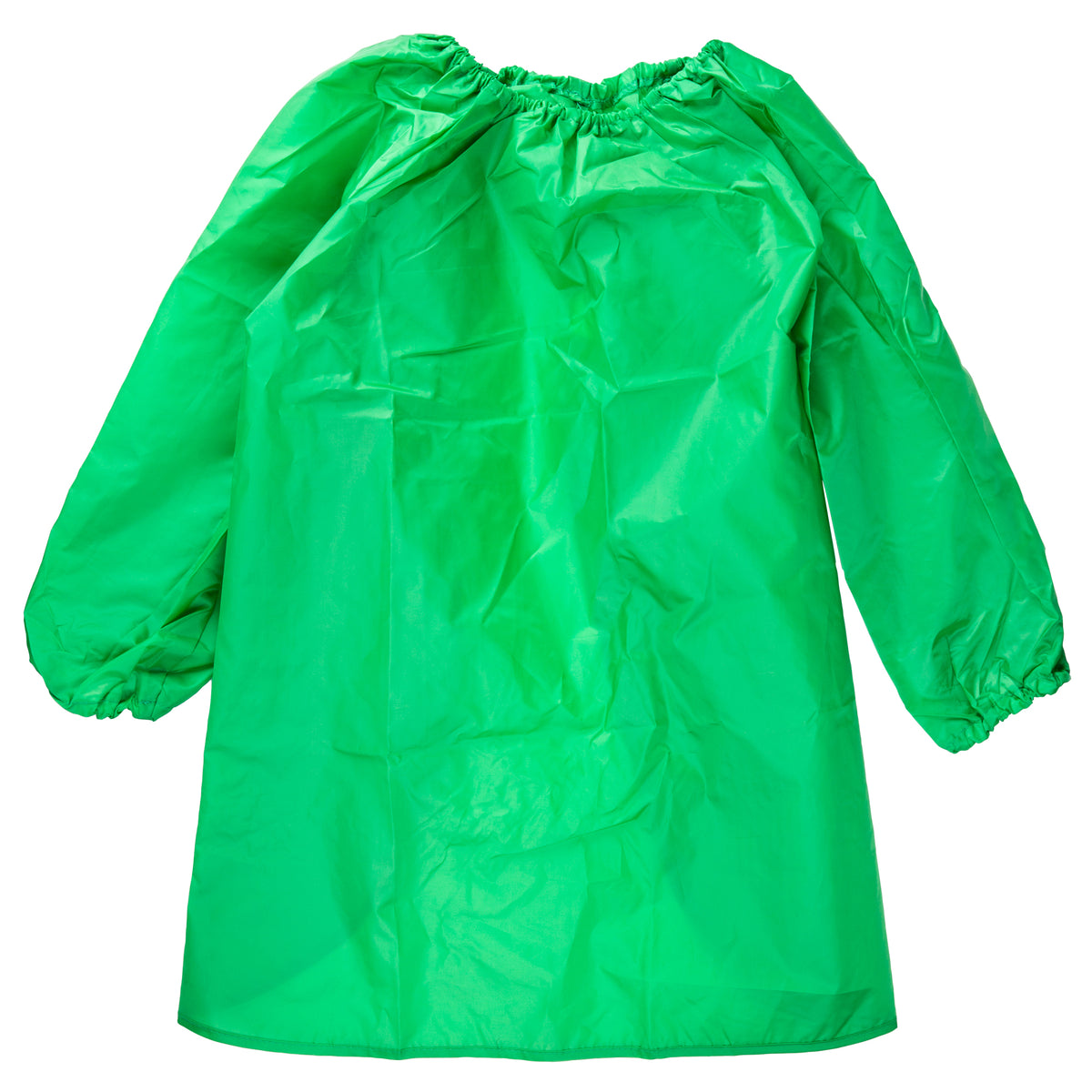 A green Zart smock shown flat, with an elasticated round neckline gathered into soft folds and long sleeves finishing in elasticated cuffs. The lightweight fabric has a slight sheen and visible creasing throughout. The hem is uneven, dipping lower at the centre front in a curved line.