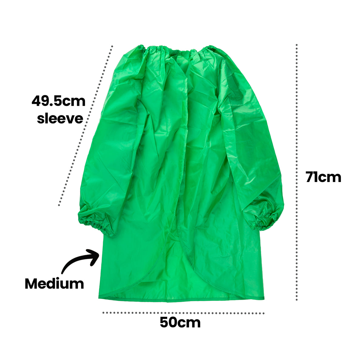 A green Zart smock shown flat with annotated measurements: 71cm total length, 50cm width and a 49.5cm sleeve length, labelled "Medium". The elasticated neckline gathers into folds, with long sleeves ending in elasticated cuffs and a curved, uneven hemline at the front.