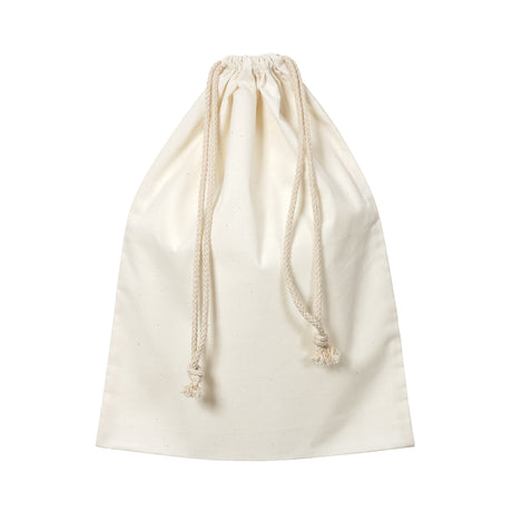 Plain natural calico cotton drawstring bag shown upright against a white background. The soft fabric has a slightly textured, matte surface with visible fibres. Cream cord ties gather the top, creating gentle folds and a relaxed, lightweight structure.