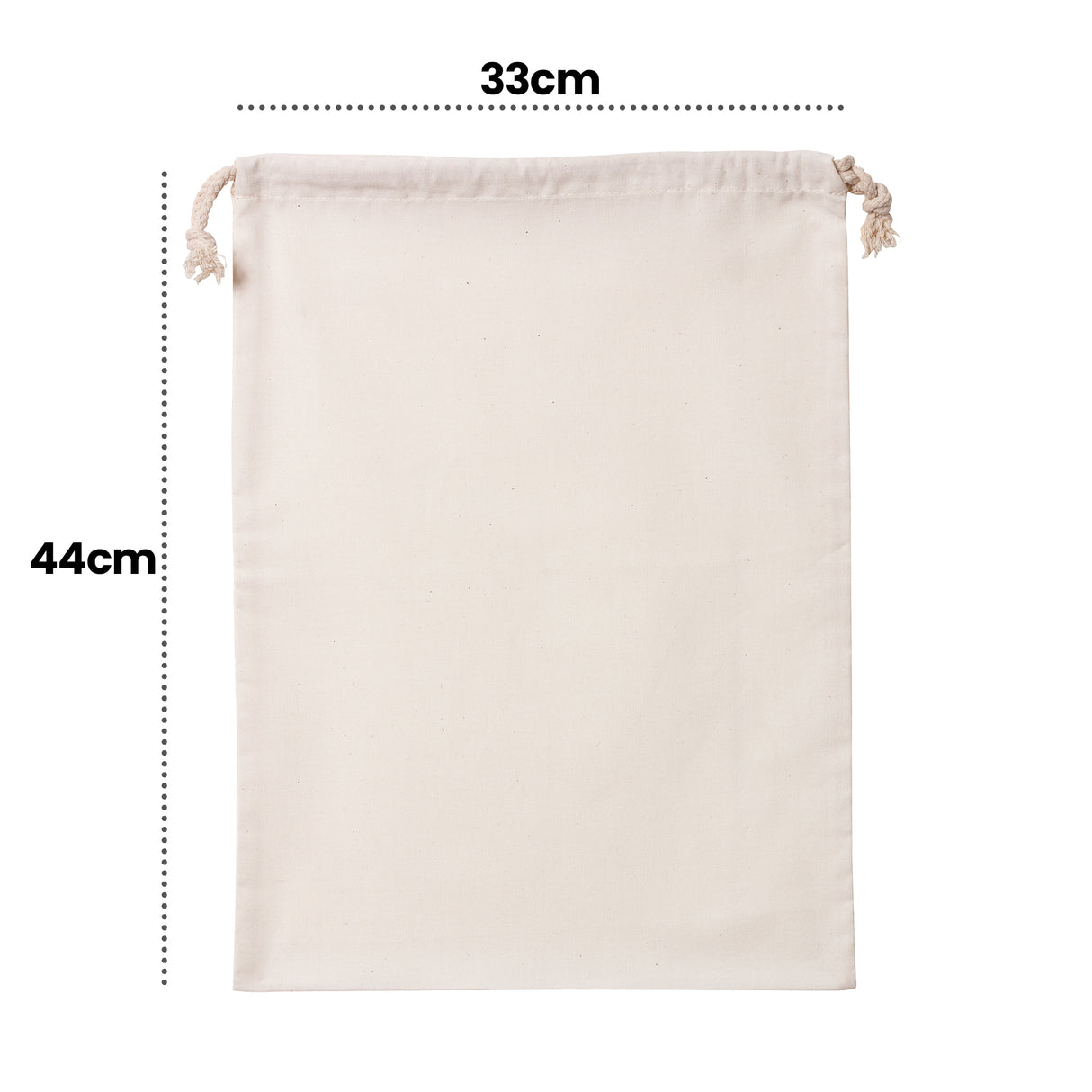 Flat view of a natural calico cotton bag with stitched edges and drawstring opening. Black annotation text reads “33cm” across the top and “44cm” along the side, with dotted guide lines indicating dimensions. The fabric appears smooth with subtle speckling.