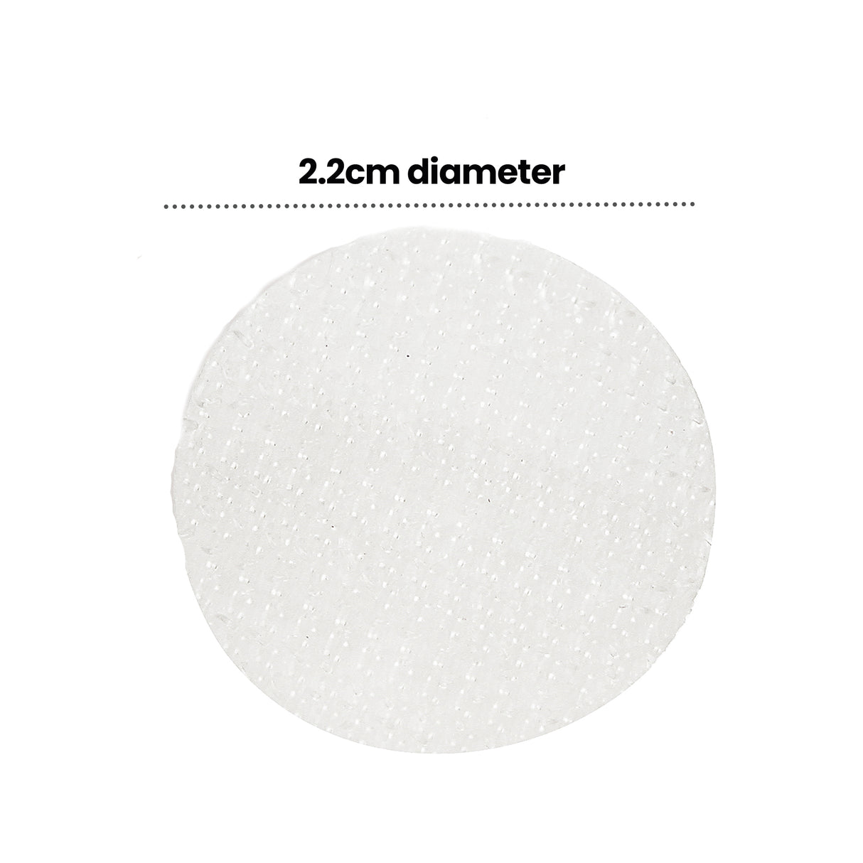 Close-up of a single white circular hook fastener dot with a textured surface showing fine loops, displayed on white background with annotation text reading 2.2cm diameter above the dot.