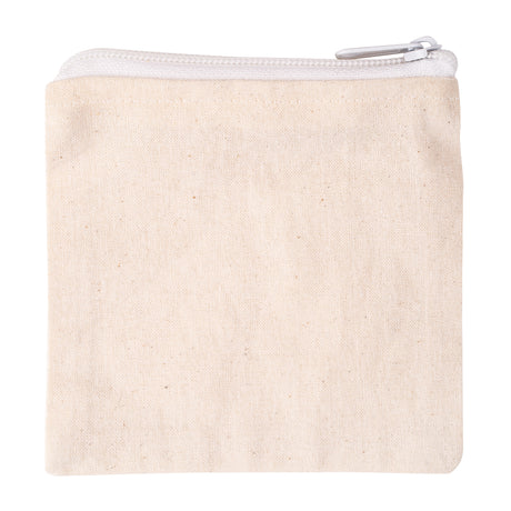Natural calico zip pouch with white zipper and silver metal pull tab. The square pouch features unbleached cotton canvas fabric with a plain, textured weave showing natural fibres and small flecks throughout the cream-coloured surface.