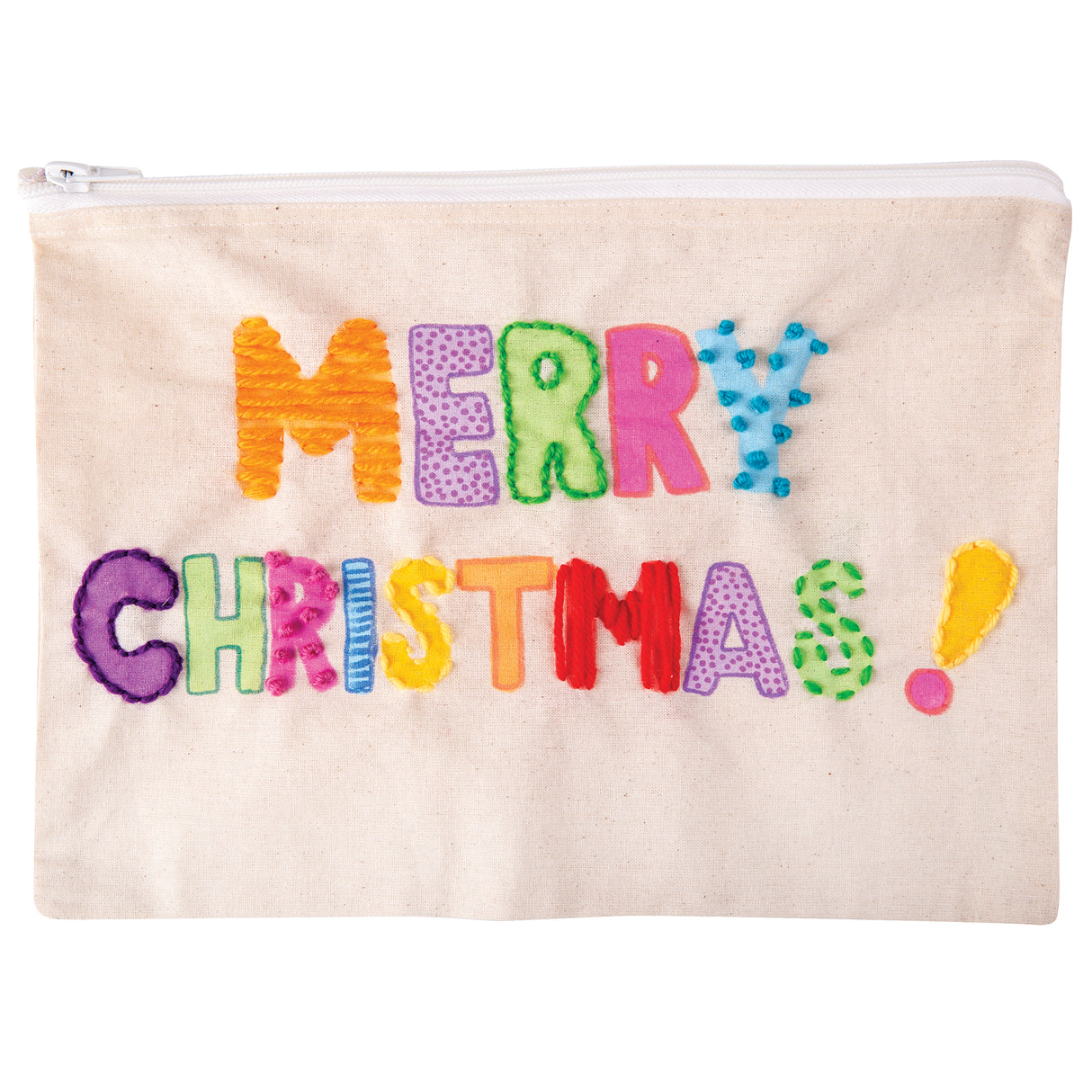 Zart Calico Zip Pouch in natural unbleached cotton canvas, featuring the words "Merry Christmas!" hand-embroidered across two lines in bright multicoloured thread and fabric appliqué. Letters combine satin stitch, chain stitch, French knots and polka-dot fabric patches. Finished with a white zip pull along the top edge.
