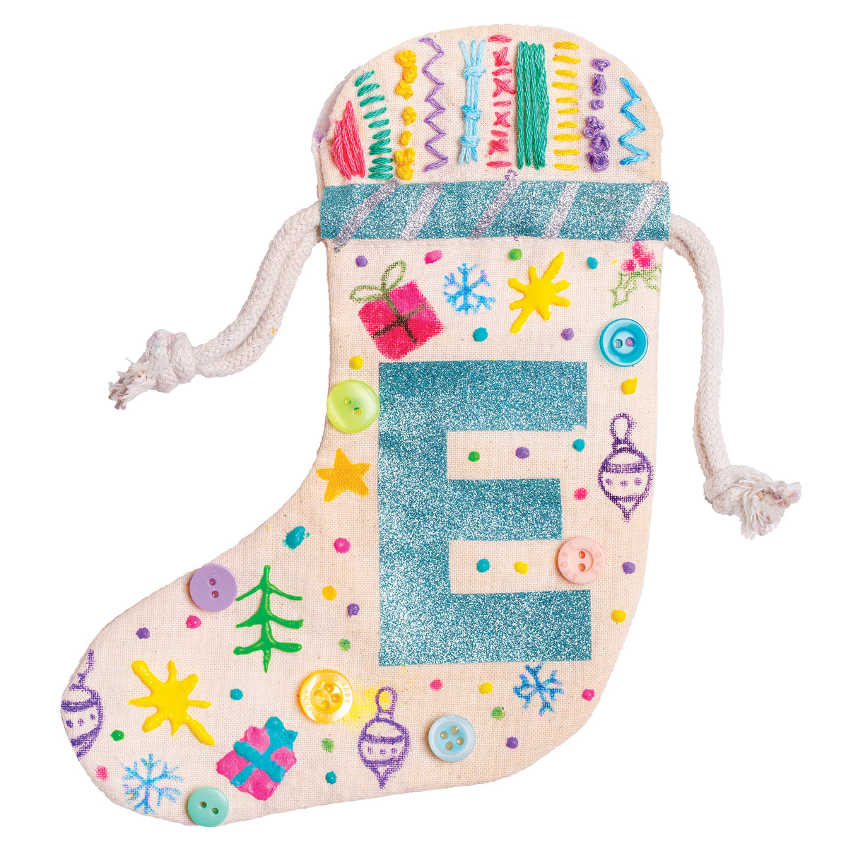 Zart Calico Stocking decorated as a sample artwork, embellished with a large glitter letter "E," hand-stitched embroidery samples along the top cuff, and hand-painted motifs including a Christmas tree, stars, gift boxes and snowflakes. Colourful buttons, stamped bauble outlines and paint dot details cover the natural cotton surface, finished with twisted drawstring cords.