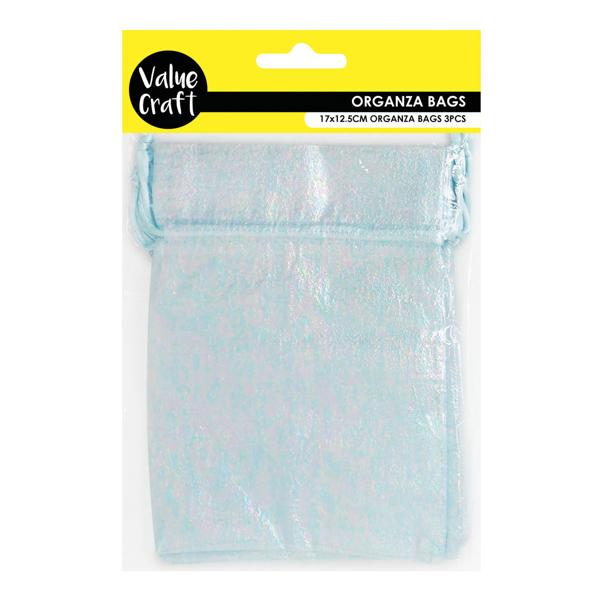 Value Craft organza bags in iridescent pale blue with shimmering rainbow sheen, packaged on yellow and black header card. Pack contains three drawstring bags measuring 17x12.5cm, displayed in clear plastic packaging against white background.