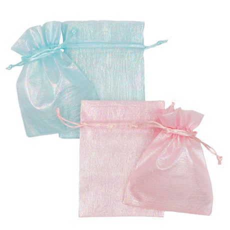 Three iridescent organza gift bags with drawstring closures in pastel colours: one turquoise blue bag positioned at the back, and two soft pink bags in front. Each sheer fabric bag features a shimmering, pearlescent finish that catches the light with rainbow-like effects.