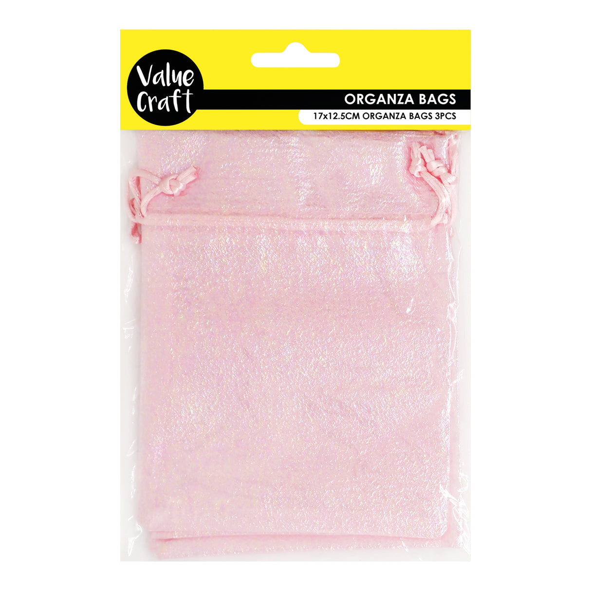 Value Craft Organza Bags in shimmering iridescent pink with ribbon drawstring closures, packaged in clear plastic. The yellow and black header displays the Value Craft logo and text reading ORGANZA BAGS and 17x12.5CM ORGANZA BAGS 3PCS.