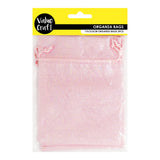 Value Craft Organza Bags in shimmering iridescent pink with ribbon drawstring closures, packaged in clear plastic. The yellow and black header displays the Value Craft logo and text reading ORGANZA BAGS and 17x12.5CM ORGANZA BAGS 3PCS.