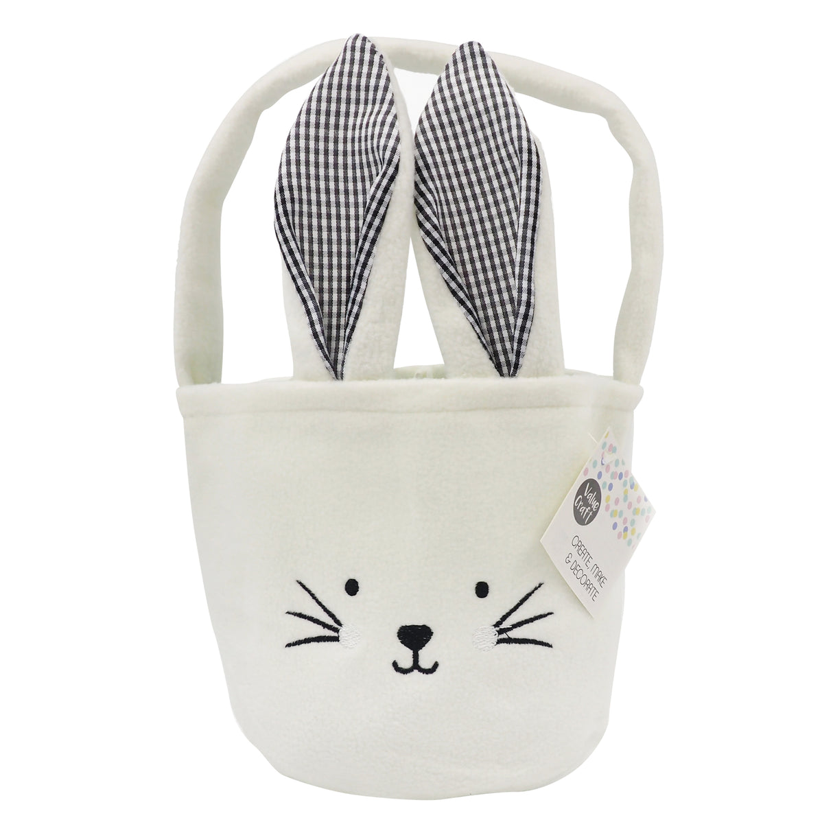 White fabric Easter basket with embroidered bunny face featuring black whiskers, nose, and eyes. Two tall ears in black and white gingham check fabric stand upright. Soft handles attach to the 14 x 13cm bag, which displays a Little Party hang tag.