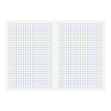 Two-page spread of a graph exercise book showing white pages with blue 10mm grid lines forming uniform squares across both pages, ideal for mathematical work, technical drawing, and structured note-taking in educational settings.