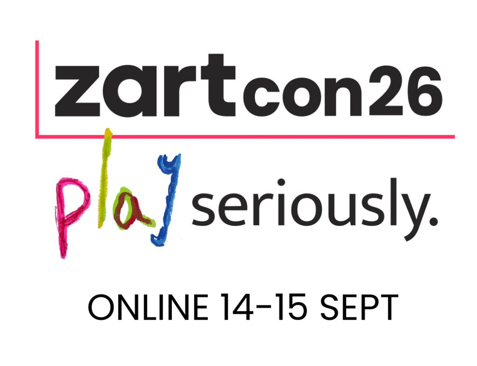 white promotional banner for ZartCon26 online event featuring bold white text reading zartcon26 and ONLINE 14-15 SEPT. Below, the words play seriously, creating a dynamic visual effect.