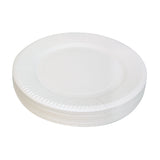 A stack of white Paper Plates is displayed against a pale grey background. The plates have smooth circular centres, gently raised ridged rims and thin layered paper edges visible around the side, creating subtle shadows and a lightly textured white surface.