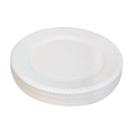A stack of white Paper Plates is displayed against a pale grey background. The plates have smooth circular centres, gently raised ridged rims and thin layered paper edges visible around the side, creating subtle shadows and a lightly textured white surface.